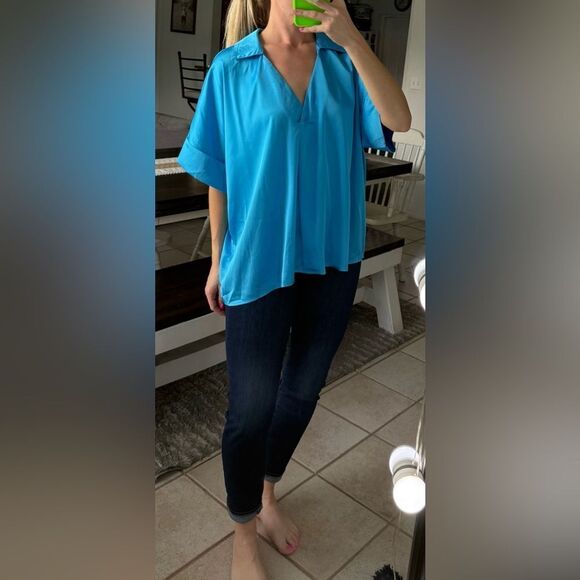 Ces Femme NEW Blue Oversized Satin Collared Blouse Shirt - Picture 2 of 8